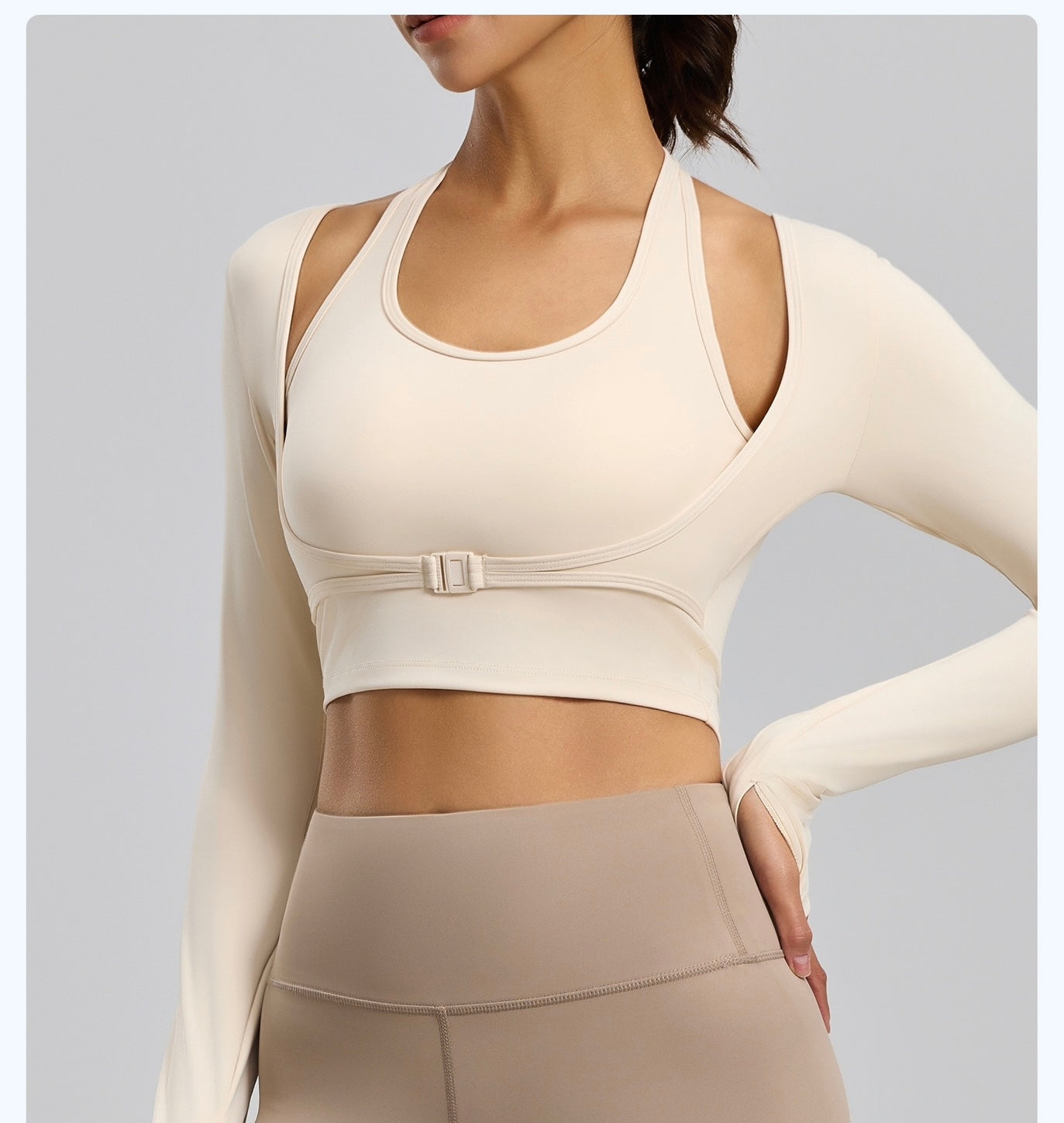 Fake 2pcs Halter-Neck Long-sleeved Yoga Tops Gym Workout Woman Slim Fit Tees Pilates Sports Fitness Training Shirt With Pad