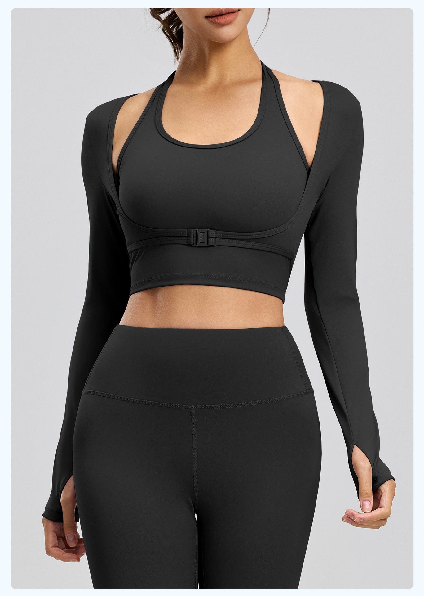 Fake 2pcs Halter-Neck Long-sleeved Yoga Tops Gym Workout Woman Slim Fit Tees Pilates Sports Fitness Training Shirt With Pad