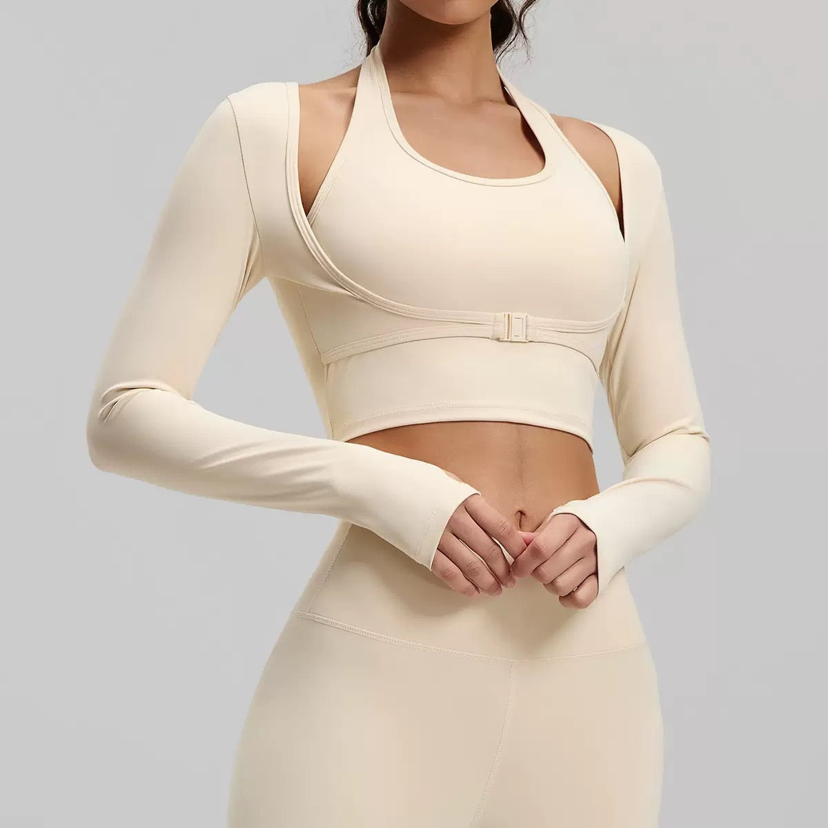 Fake 2pcs Halter-Neck Long-sleeved Yoga Tops Gym Workout Woman Slim Fit Tees Pilates Sports Fitness Training Shirt With Pad