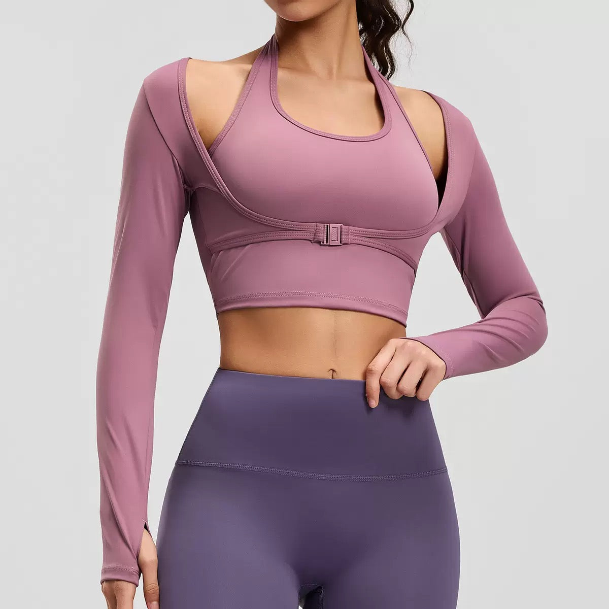 Fake 2pcs Halter-Neck Long-sleeved Yoga Tops Gym Workout Woman Slim Fit Tees Pilates Sports Fitness Training Shirt With Pad