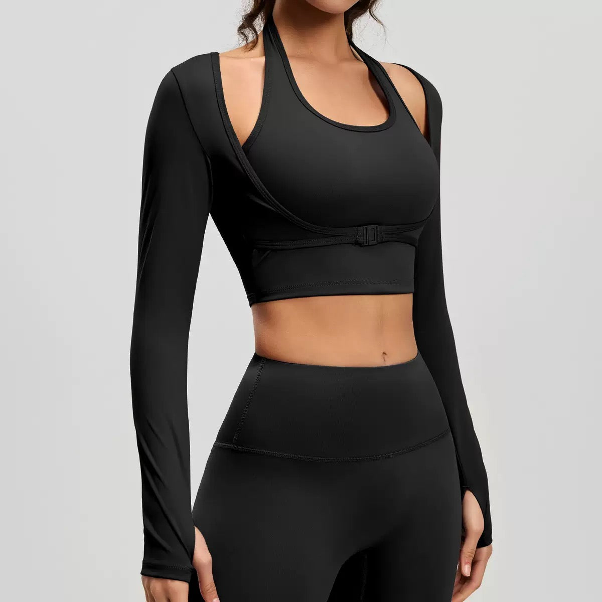 Fake 2pcs Halter-Neck Long-sleeved Yoga Tops Gym Workout Woman Slim Fit Tees Pilates Sports Fitness Training Shirt With Pad