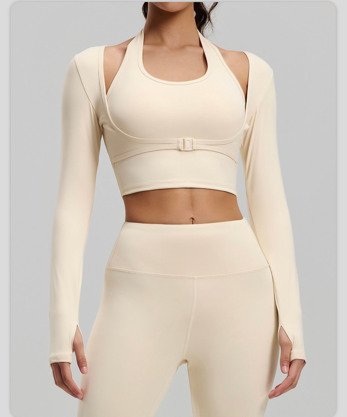 Fake 2pcs Halter-Neck Long-sleeved Yoga Tops Gym Workout Woman Slim Fit Tees Pilates Sports Fitness Training Shirt With Pad