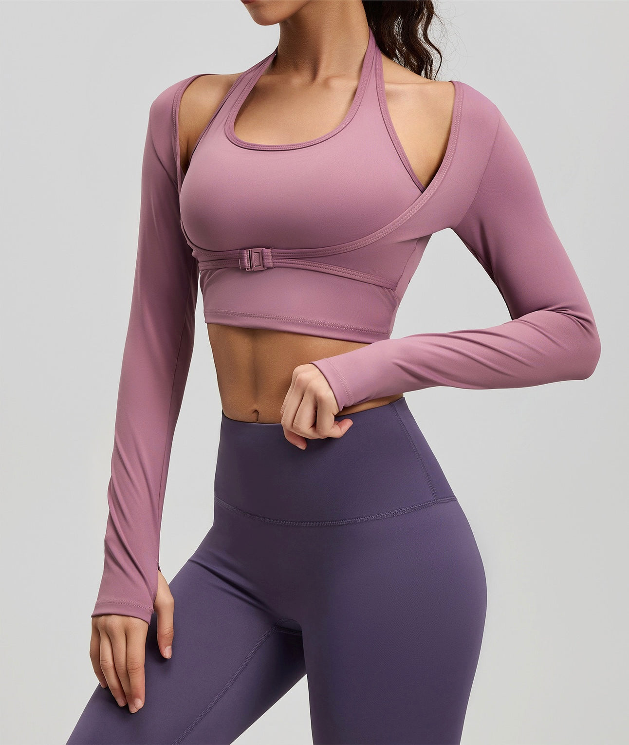 Fake 2pcs Halter-Neck Long-sleeved Yoga Tops Gym Workout Woman Slim Fit Tees Pilates Sports Fitness Training Shirt With Pad