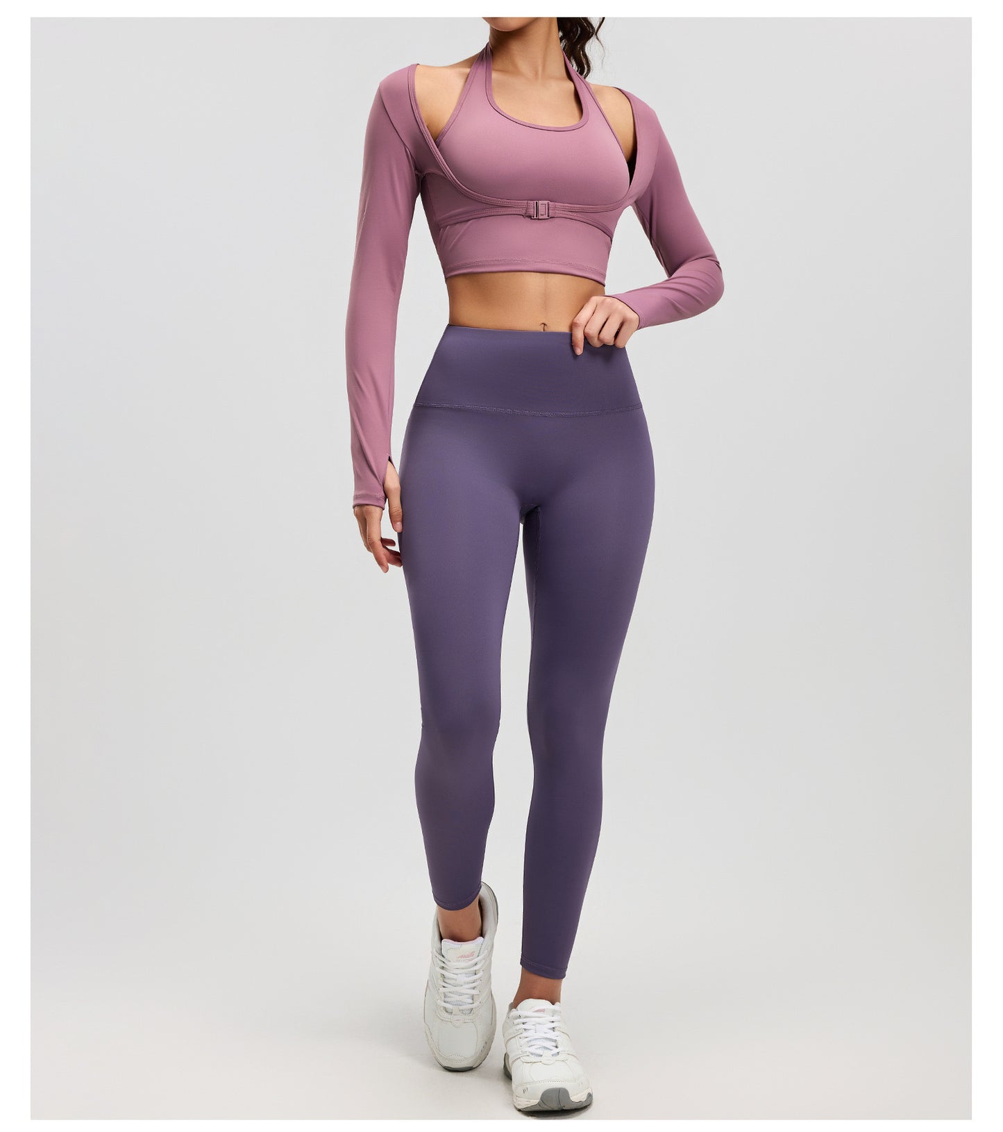 Fake 2pcs Halter-Neck Long-sleeved Yoga Tops Gym Workout Woman Slim Fit Tees Pilates Sports Fitness Training Shirt With Pad