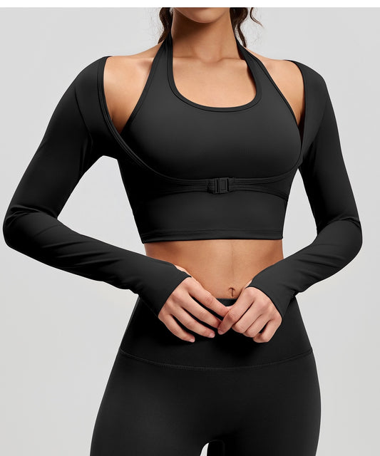 Fake 2pcs Halter-Neck Long-sleeved Yoga Tops Gym Workout Woman Slim Fit Tees Pilates Sports Fitness Training Shirt With Pad