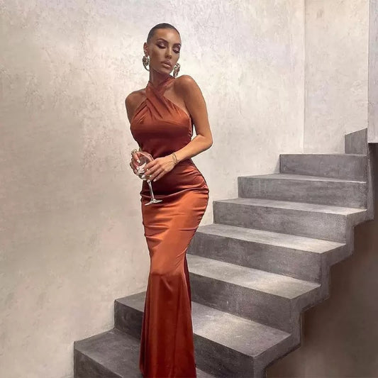 Elegant Formal Vestidos Women Cross Halter Long Fishtail Dress Ladies Backless Ball Gown  Party Evening Dresses