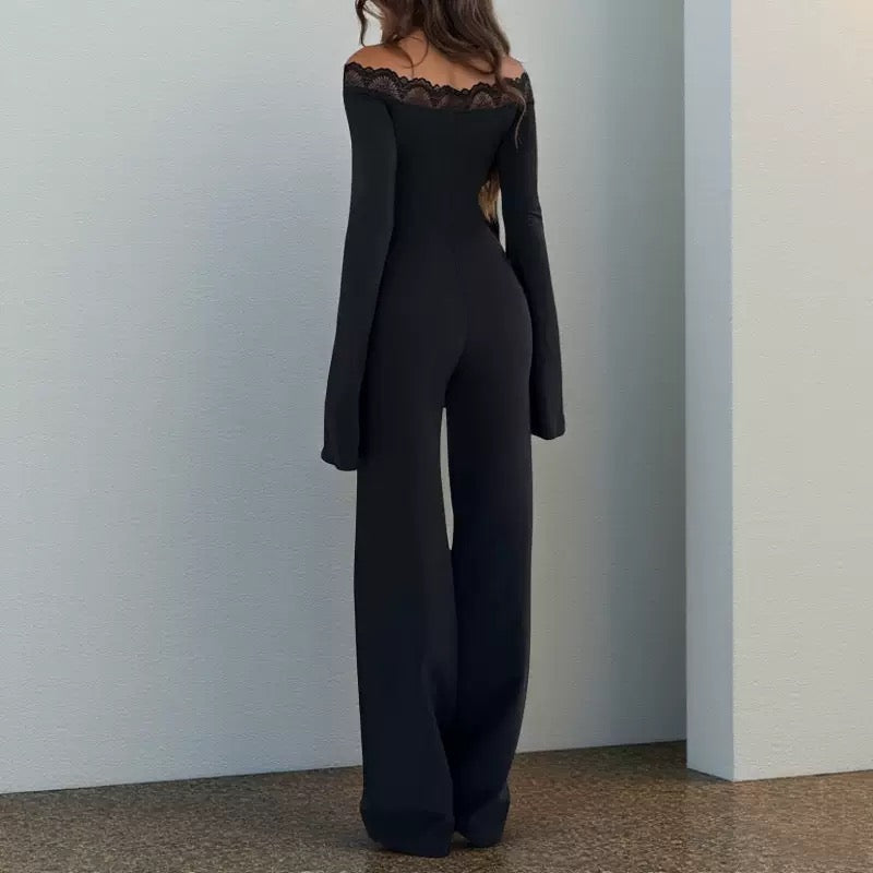 Apprabant Fall Winter Sexy Off Shoulder Lace Patchwork Slim Black Jumpsuit Women Long Sleeve Solid Party Streetwear Outfit