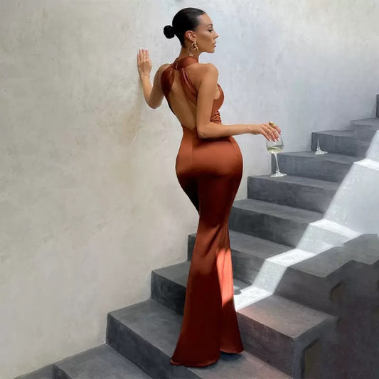 Elegant Formal Vestidos Women Cross Halter Long Fishtail Dress Ladies Backless Ball Gown  Party Evening Dresses