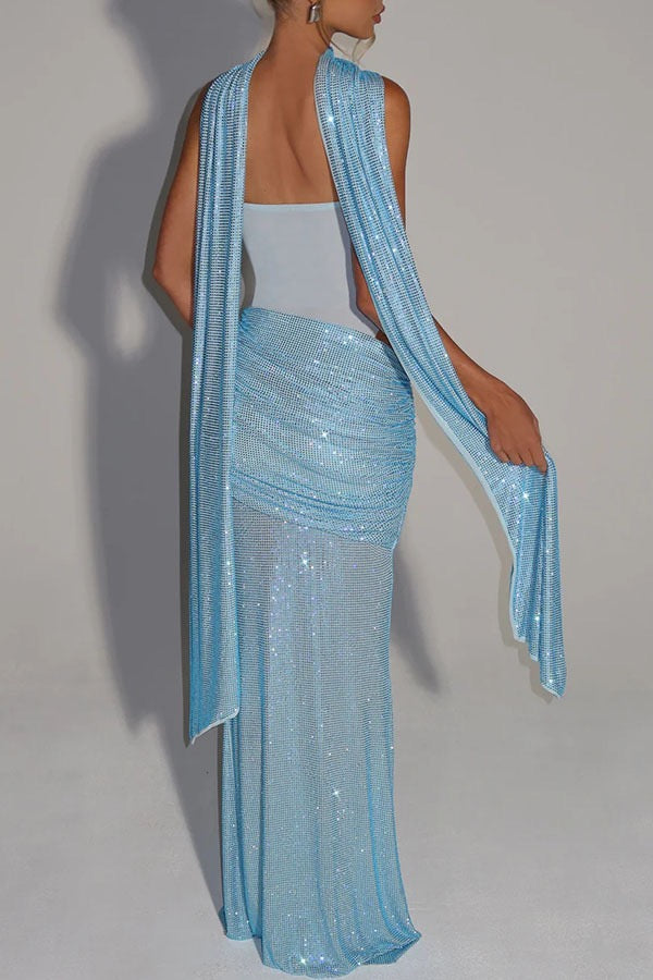 New Spring Summer Sleeveless Strapless Backless Bodycon Dress with Sequins and Ribbons Women's Party Gown