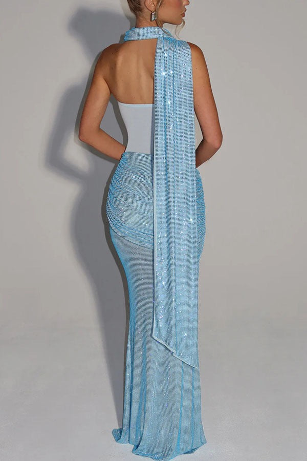 New Spring Summer Sleeveless Strapless Backless Bodycon Dress with Sequins and Ribbons Women's Party Gown