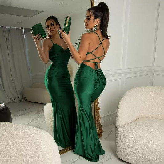 Ladies Summer Satin New Fashion Evening Party GREEN Dress Women Sleeveless Backless Bodycon Maxi Dresses Night Club  Outfits