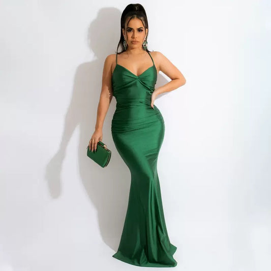 Ladies Summer Satin New Fashion Evening Party GREEN Dress Women Sleeveless Backless Bodycon Maxi Dresses Night Club  Outfits