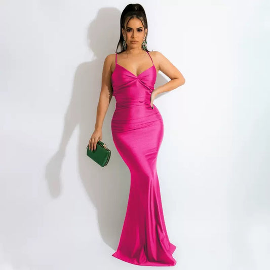 Ladies Summer Satin New Fashion Evening Party Pink Dress Women Sleeveless Backless Bodycon Maxi Dresses Night Club  Outfits