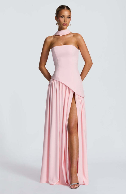 Elegant Ribbon Corset Long PINK Dress Womens Strapless High Waist Pleated Dresses 2025 Summer  Evening Party Wedding Guest New