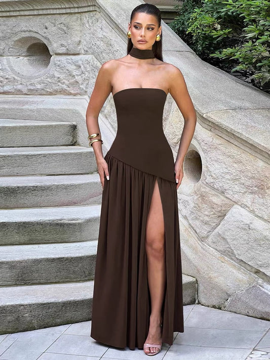 Elegant Ribbon Corset Long Brown Dress Womens Strapless High Waist Pleated Dresses 2025 Summer  Evening Party Wedding Guest New