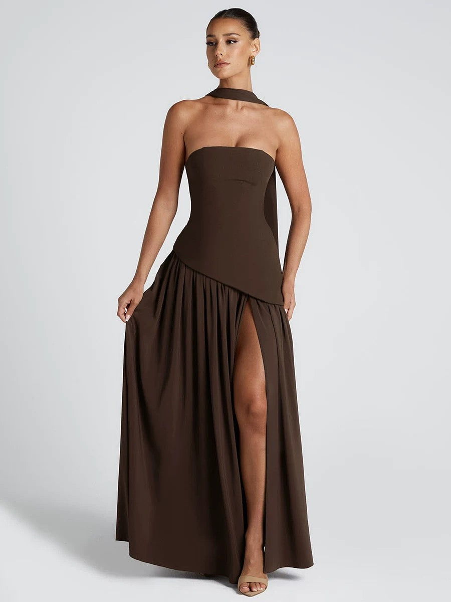 Elegant Ribbon Corset Long Brown Dress Womens Strapless High Waist Pleated Dresses 2025 Summer  Evening Party Wedding Guest New
