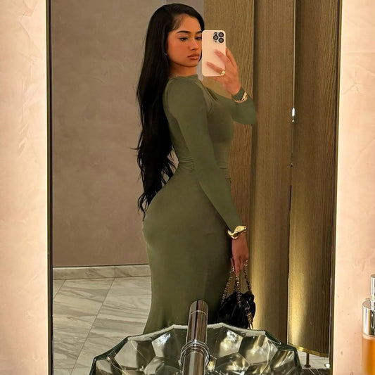 Sexy Wrap Buttocks Olive green Dresses Women O Neck Dress Long Sleeve Sheath Slim Fit Solid Spliced Pullover Folds Floor Length 2025