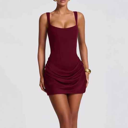 New Summer Wide Strap Pleated Hem Dresses Women's Sexy Sleeveless Slim Fit Chic Mini Gown Lady Holiday Party Vestidos Clothing