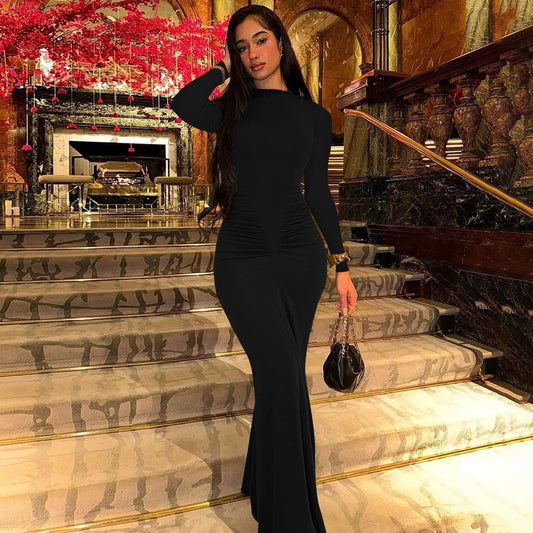 Sexy Wrap Buttocks Black  Dresses Women O Neck Dress Long Sleeve Sheath Slim Fit Solid Spliced Pullover Folds Floor Length 2025