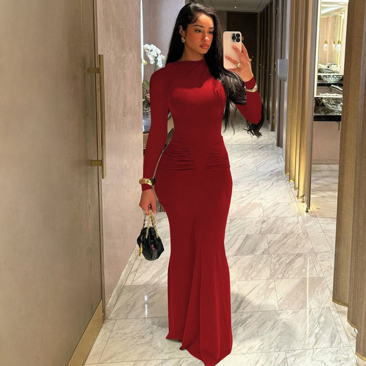 Sexy Wrap Buttocks  Burgundy Dresses Women O Neck Dress Long Sleeve Sheath Slim Fit Solid Spliced Pullover Folds Floor Length 2025