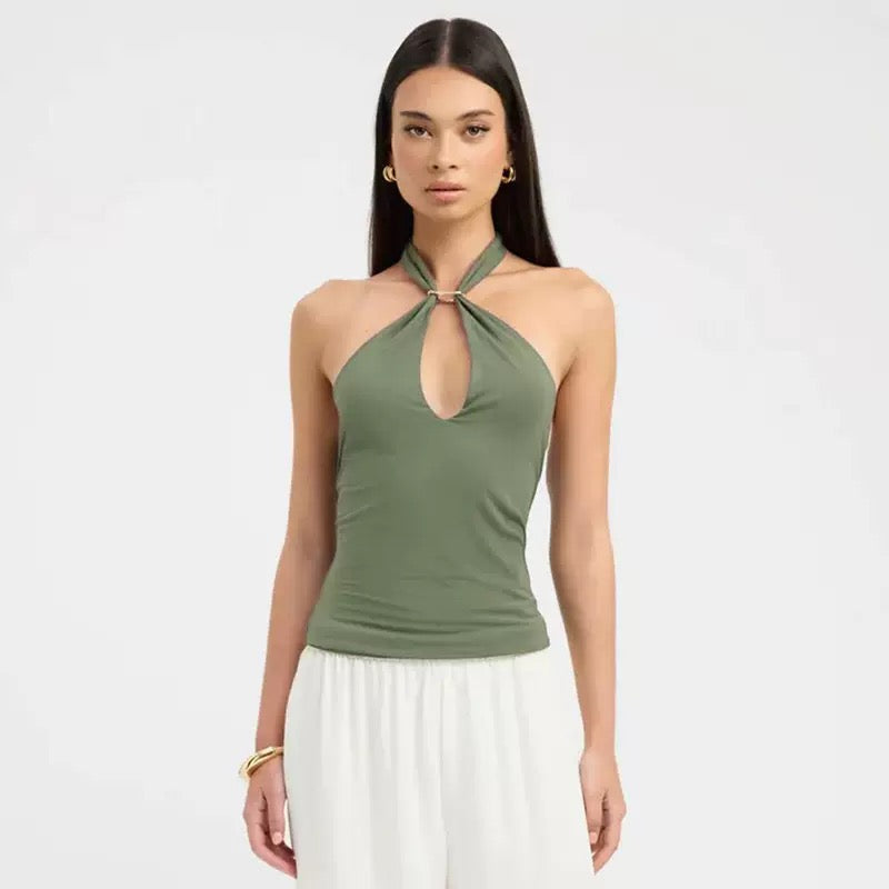 Women'S Solid Color Hanging Neck Tie Hollow Out Metal Ring Strapless Backless Tank Top Summer New Fashion Street Tank