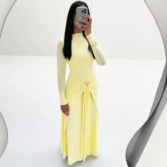 Elegant Long Sleeve Ruched Sexy Maxi Dress Women Gown Autumn Fashion Draped Bodycon Long Dresses Female Clothing