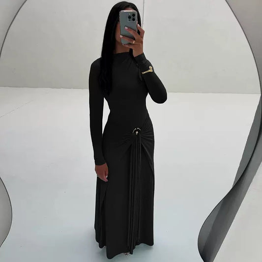 Elegant Long Sleeve Ruched Sexy Maxi Dress Women Gown Autumn Fashion Draped Bodycon Long Dresses Female Clothing