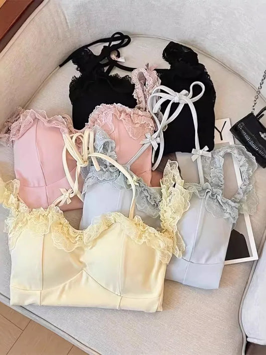 Sexy Slash Neck Lace Halter Camis Women Summer Sweet Slim Sleeveless Vest  Streetwear Hot Girls Off Shoulder Tank New