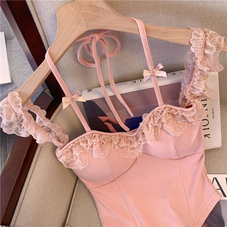 Sexy Slash Neck Lace Halter Camis Women Summer Sweet Slim Sleeveless Vest  Streetwear Hot Girls Off Shoulder Tank New