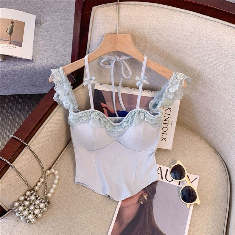 Sexy Slash Neck Lace Halter Camis Women Summer Sweet Slim Sleeveless Vest  Streetwear Hot Girls Off Shoulder Tank New
