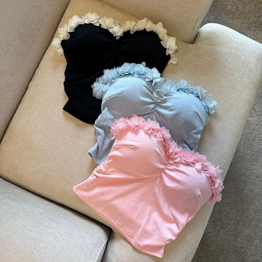 Flower Strapless Women Summer Sweet Holiday Sexy Pleated Cropped Tops With Cheat Pad
