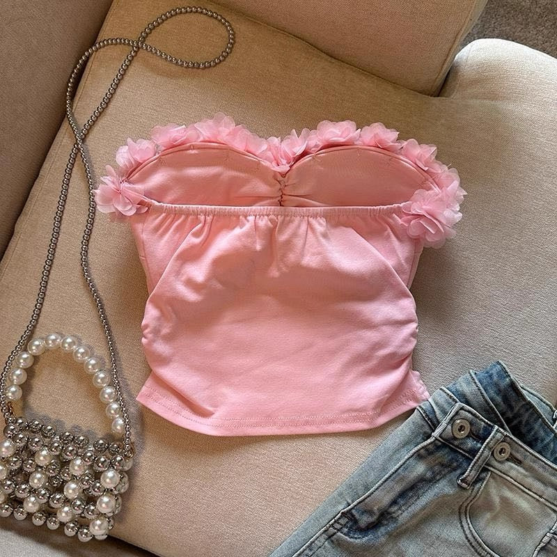 Flower Strapless Women Summer Sweet Holiday Sexy Pleated Cropped Tops With Cheat Pad