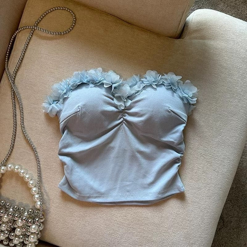 Flower Strapless Women Summer Sweet Holiday Sexy Pleated Cropped Tops With Cheat Pad