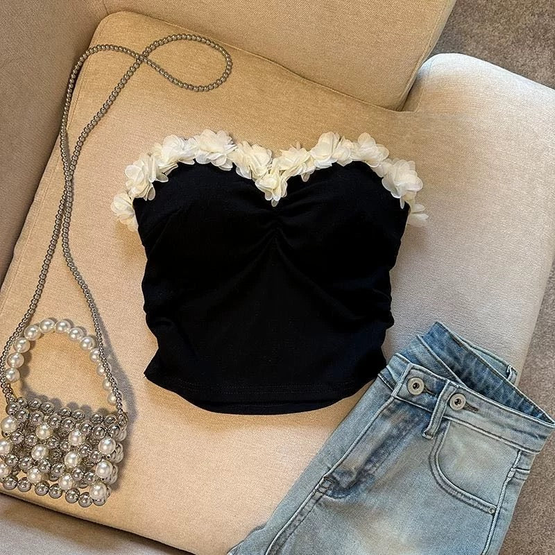 Flower Strapless Women Summer Sweet Holiday Sexy Pleated Cropped Tops With Cheat Pad