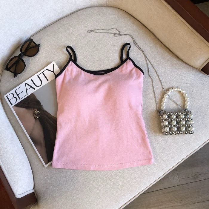 Women Spaghetti Strap Tank Top Scoop Neck Contrast Trim Crop Cami Top  Aesthetic Sleeveless Fitted Basic Tops