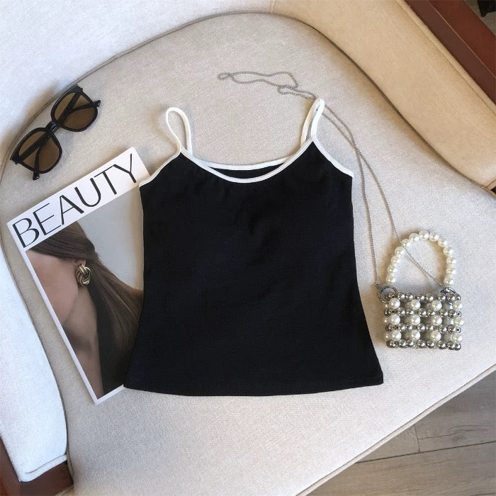 Women Spaghetti Strap Tank Top Scoop Neck Contrast Trim Crop Cami Top  Aesthetic Sleeveless Fitted Basic Tops