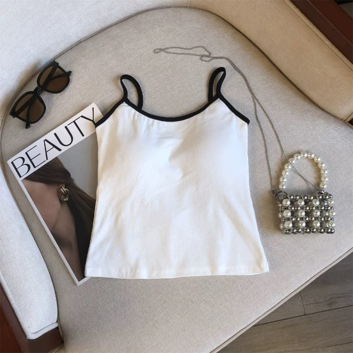 Women Spaghetti Strap Tank Top Scoop Neck Contrast Trim Crop Cami Top  Aesthetic Sleeveless Fitted Basic Tops