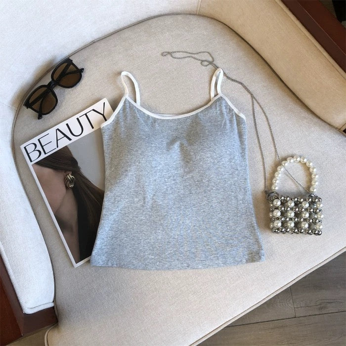 Women Spaghetti Strap Tank Top Scoop Neck Contrast Trim Crop Cami Top  Aesthetic Sleeveless Fitted Basic Tops
