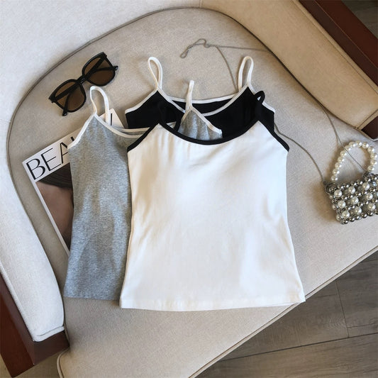 Women Spaghetti Strap Tank Top Scoop Neck Contrast Trim Crop Cami Top  Aesthetic Sleeveless Fitted Basic Tops