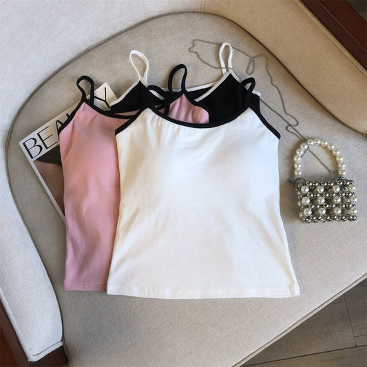 Women Spaghetti Strap Tank Top Scoop Neck Contrast Trim Crop Cami Top  Aesthetic Sleeveless Fitted Basic Tops