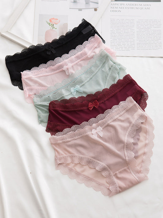 Women's Panties Sexy Lace Lingerie Net Yarn Thin Briefs Girls Bow Hollow Out Low-Rise Seamless Underpants