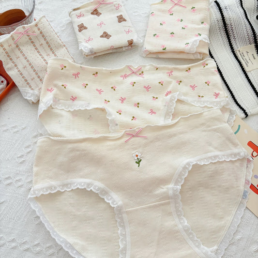 Cartoon Bear Cute Cotton Underwear for Women Low Waist Flower Print Breathable Seamless Panties Student Daily Briefs Lingerie