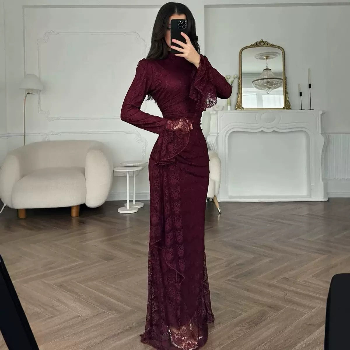 Women Lace Fitted Dresses Solid Evening Dress H Line Ankle Lenth Bell Sleeve Waist Cinch Slim Fit Party Sexy Elegant