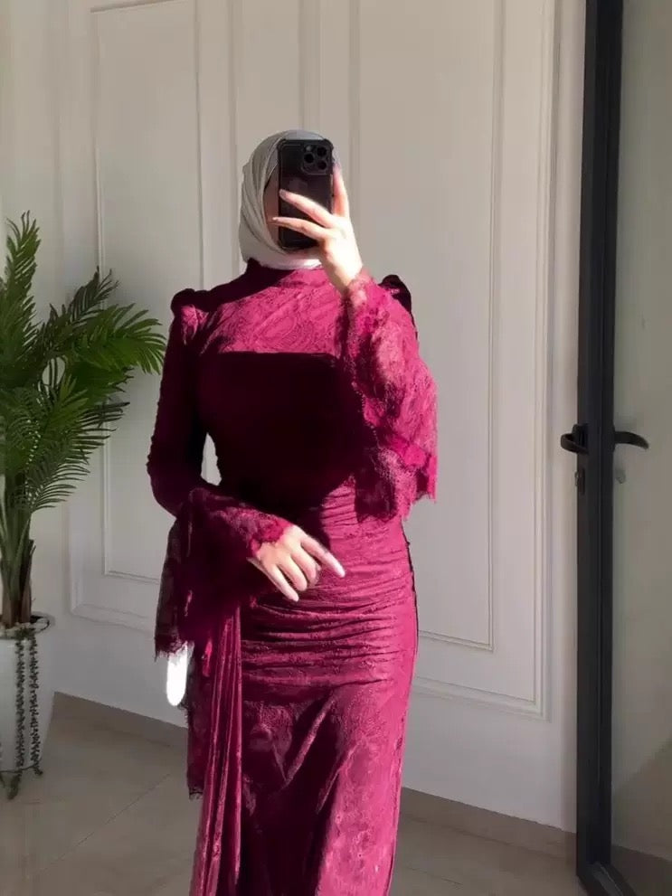 Women Lace Fitted Dresses Solid Evening Dress H Line Ankle Lenth Bell Sleeve Waist Cinch Slim Fit Party Sexy Elegant
