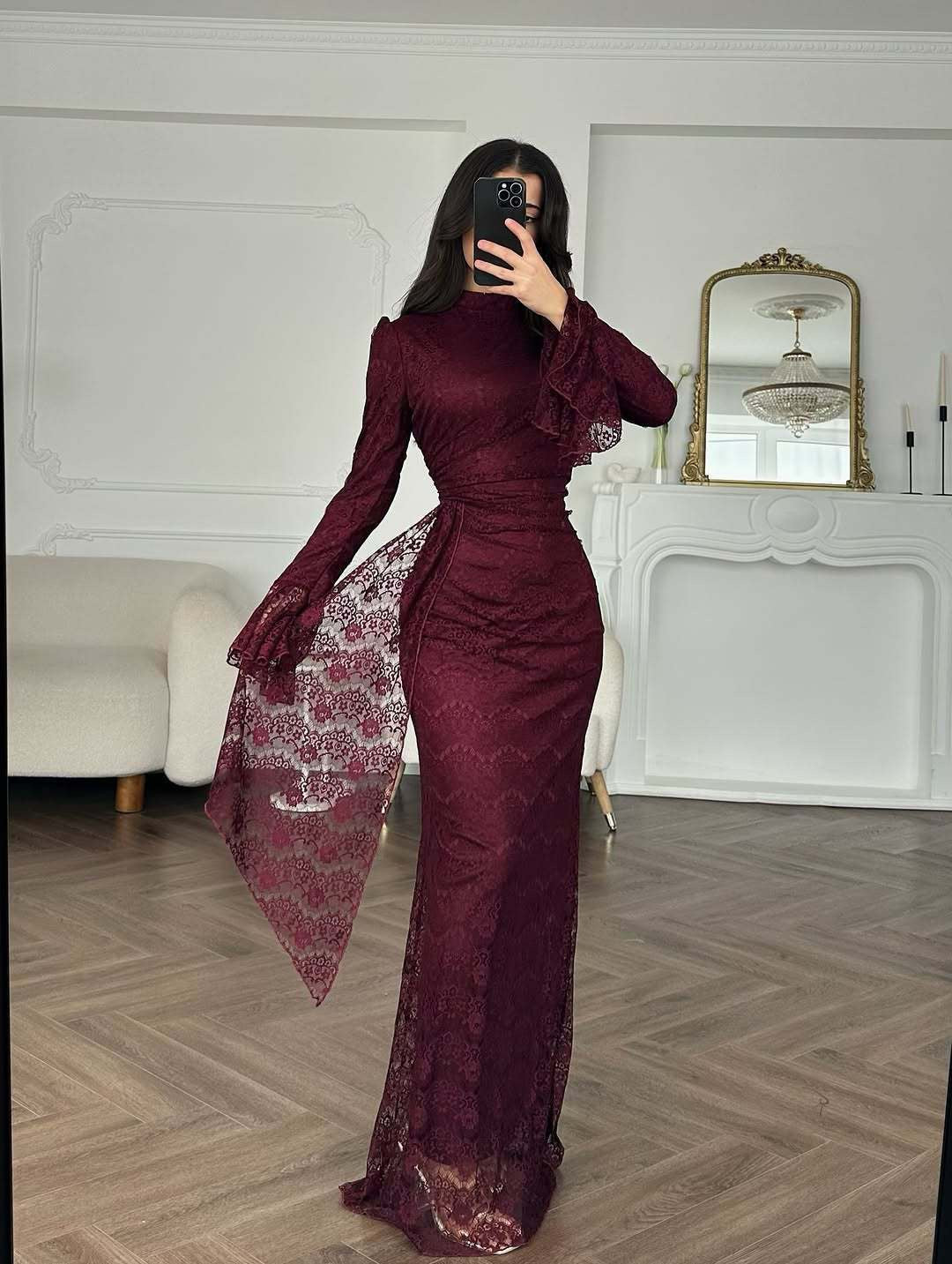 Women Lace Fitted Dresses Solid Evening Dress H Line Ankle Lenth Bell Sleeve Waist Cinch Slim Fit Party Sexy Elegant
