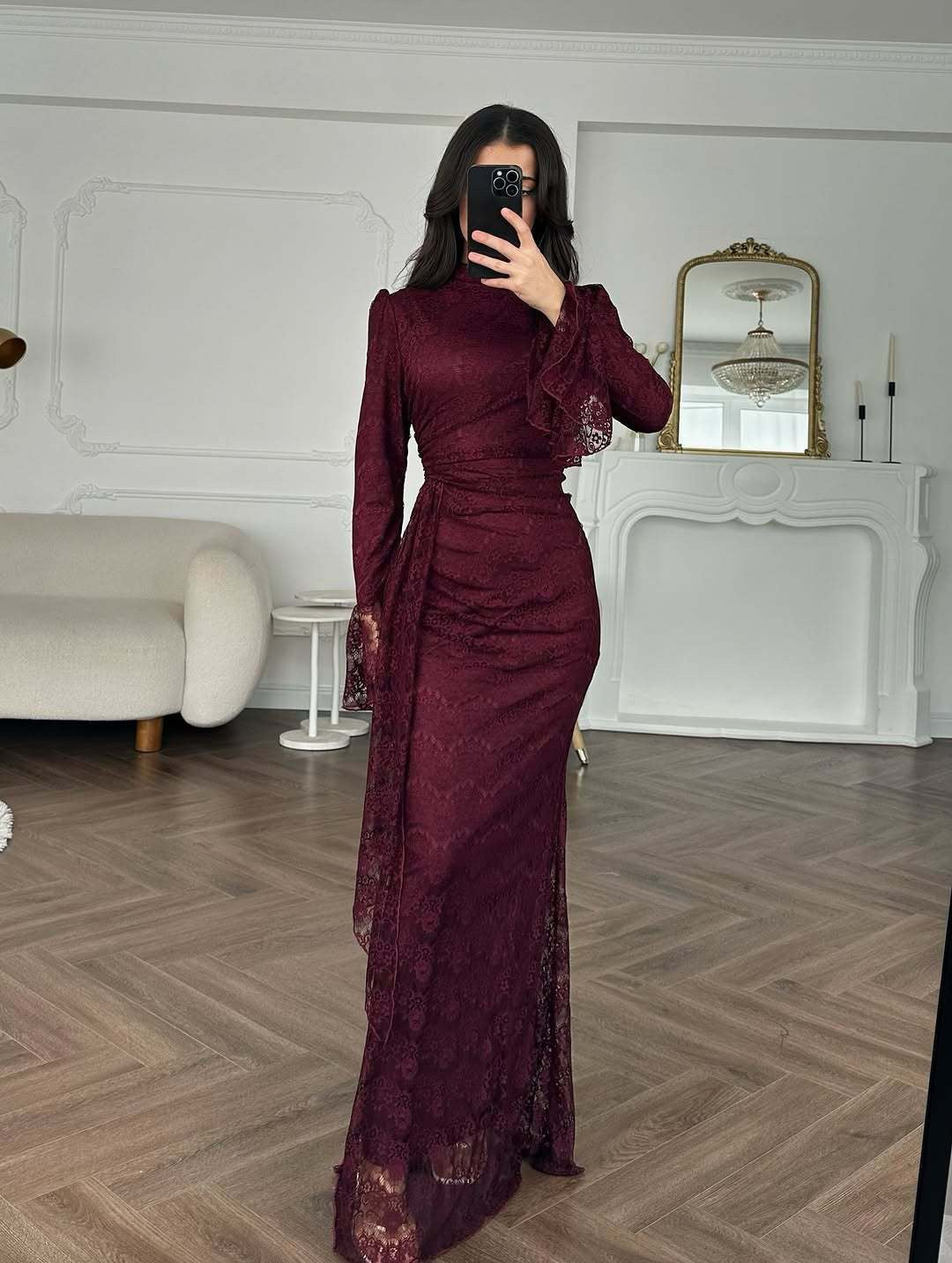 Women Lace Fitted Dresses Solid Evening Dress H Line Ankle Lenth Bell Sleeve Waist Cinch Slim Fit Party Sexy Elegant