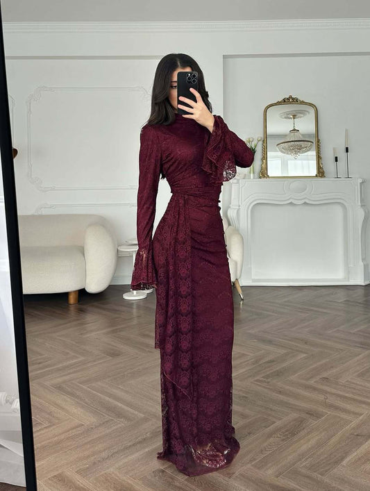 Women Lace Fitted Dresses Solid Evening Dress H Line Ankle Lenth Bell Sleeve Waist Cinch Slim Fit Party Sexy Elegant