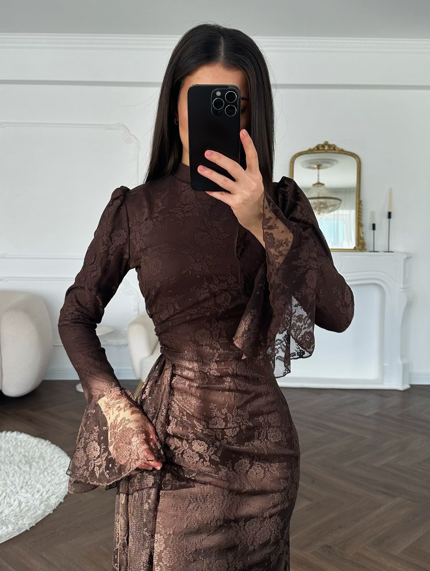 Women Lace Fitted Dresses Solid Evening Dress H Line Ankle Lenth Bell Sleeve Waist Cinch Slim Fit Party Sexy Elegant