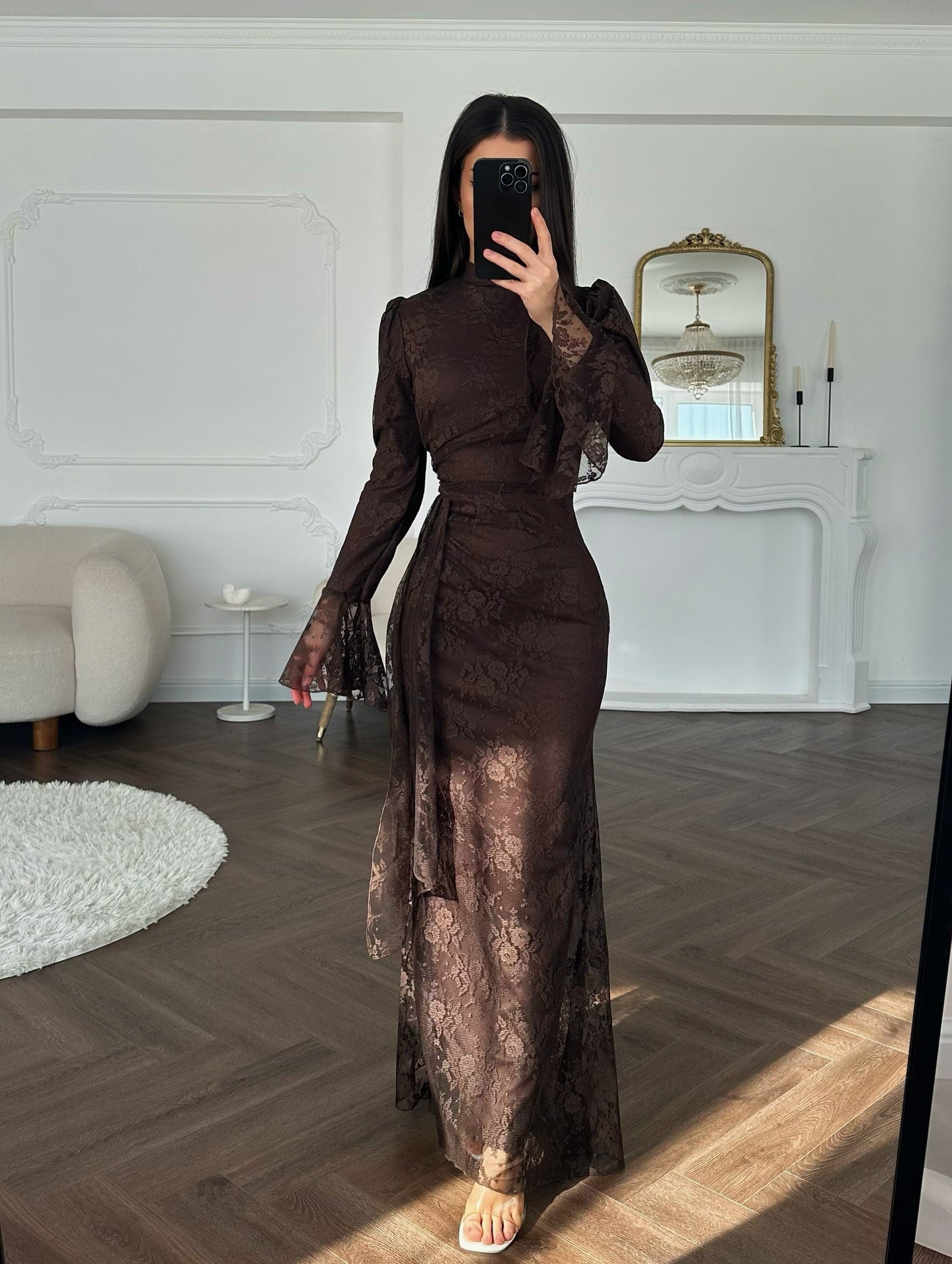 Women Lace Fitted Dresses Solid Evening Dress H Line Ankle Lenth Bell Sleeve Waist Cinch Slim Fit Party Sexy Elegant