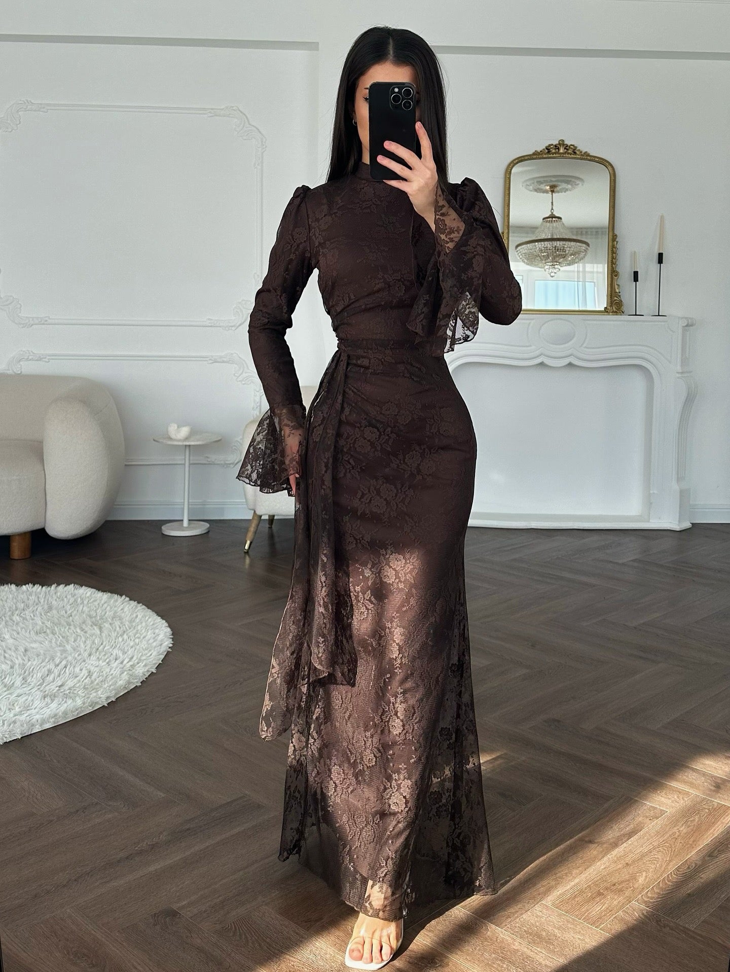 Women Lace Fitted Dresses Solid Evening Dress H Line Ankle Lenth Bell Sleeve Waist Cinch Slim Fit Party Sexy Elegant